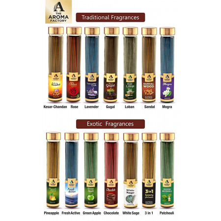 Aroma Factory 3 in 1 Incense Sticks Luxury Natural Perfumes Puja Masala Agarbatti for Pooja, Room Freshener, Meditation, Yoga, Aromatherapy, Energy Cleansing (Pack of 100) [No Charcoal, Low Smoke]