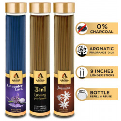 The Aroma Factory Lavender, 3 in 1 & Jasmine Incense Stick Agarbatti (Zero Charcoal & 100% Herbal) Bottle Pack of 3 x 100