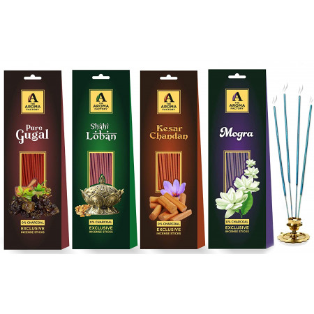 The Aroma Factory Wood Incense Sticks for Pooja Chandan, Gugal, Loban, Mogra Agarbatti Packet (6 cm x 8 cm x 26 cm, Pack of 4 x 30)