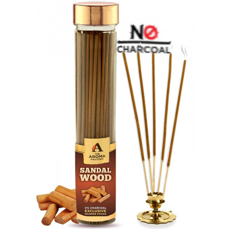 The Aroma Factory Chandan Sandal Wood Incense Sticks Agarbatti (Low Smoke, No Charcoal, 100% Natural Flora Masala) Mysore Sandalwood Stick for Dhoop Pooja (Bottle Pack of 100)