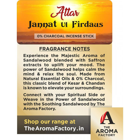 The Aroma Factory Attar Jannat Ul Firdaus Incense Sticks Agarbatti (Low Smoke, No Charcoal, 100% Masala) Home Fragrance (Bottle Pack of 100)