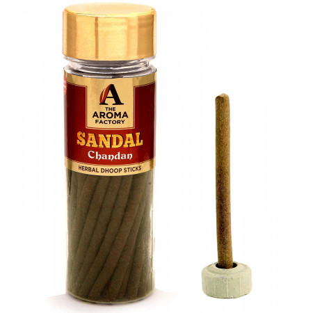 The Aroma Factory Dhoop Sticks Chandan Sandal Wood (0% Charcoal) with Stand Holder in Box Cone (100g)