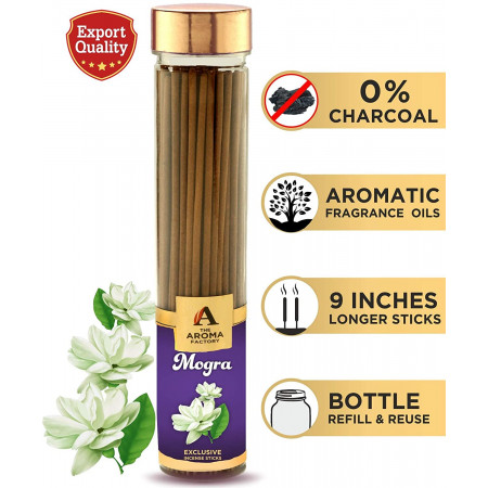 The Aroma Factory Mogra Incense Sticks Masala Natural Agarbatti (Low Smoke, No Charcoal, Herbal) Flower Room Fragrance Jar for Positivity, Good Luck, Health & Wealth, Pooja, Home (Bottle Pack of 100)