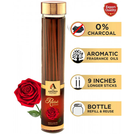 The Aroma Factory Rose Gulab Incense Sticks Agarbatti (No Charcoal, Low Smoke, Herbal Masala Bamboo, Red) Bottle Pack of 100