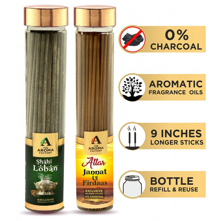 The Aroma Factory Attar Jannat Ul Firdaus and Shahi Loban Agarbatti (Bottle Pack of 2 x 100)