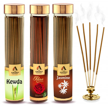 The Aroma Factory Agarbatti Combo Rose, Kweda, Jasmine Incense Sticks (Bottle Pack of 3 x 100)