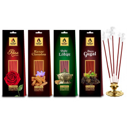 The Aroma Factory Rose, Kesar Chandan Sandalwood, Loban & Gugal Incense Sticks Agarbatti {No Charcoal & Low Smoke} (Pack of 4 x 30 Sticks)
