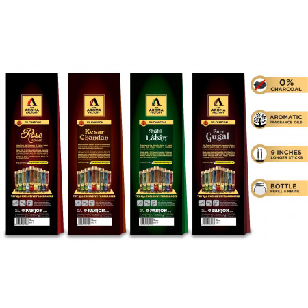 The Aroma Factory Rose, Kesar Chandan Sandalwood, Loban & Gugal Incense Sticks Agarbatti {No Charcoal & Low Smoke} (Pack of 4 x 30 Sticks)