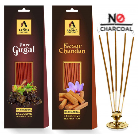 The Aroma Factory (0% Charcoal) Pure Gugal and Chandan Sandal Woods Incense Sticks Agarbatti, 2 Packets x 30 Sticks Each