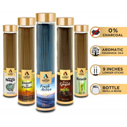 The Aroma Factory White Sage, Gugal, Kewda, Attar Jannat & Fresh Active Incense Stick Agarbatti (Zero Charcoal & 100% Herbal) Bottle Pack of 5 x 100