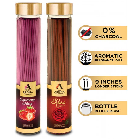 The Aroma Factory Strawberry & Rose Incense Stick Agarbatti (Zero Charcoal & 100% Herbal) Bottle Pack of 2 x 100