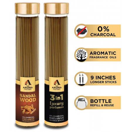 The Aroma Factory Sandalwood Chandan & 3 in 1 Luxury Agarbatti (Charcoal Free & Low Smoke) Bottle Pack of 2 x 100