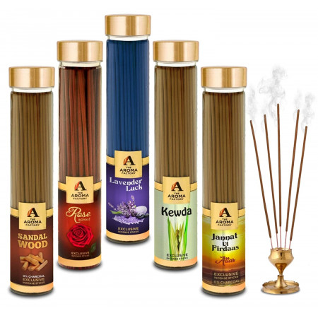 The Aroma Factory Lavender, Sandalwood, Attar Jannat, Patchouli & Kewda Incense Stick Agarbatti (Zero Charcoal & 100% Herbal) Bottle Pack of 5 x 100