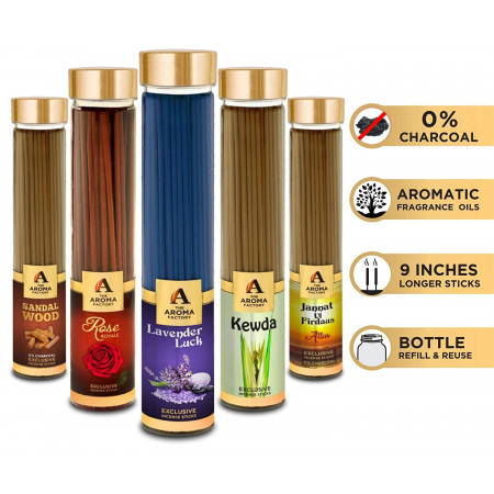 The Aroma Factory Lavender, Sandalwood, Attar Jannat, Patchouli & Kewda Incense Stick Agarbatti (Zero Charcoal & 100% Herbal) Bottle Pack of 5 x 100