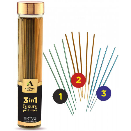 Aroma Factory 3 in 1 Incense Sticks Luxury Natural Perfumes Puja Masala Agarbatti for Pooja, Room Freshener, Meditation, Yoga, Aromatherapy, Energy Cleansing (Pack of 100) [No Charcoal, Low Smoke]