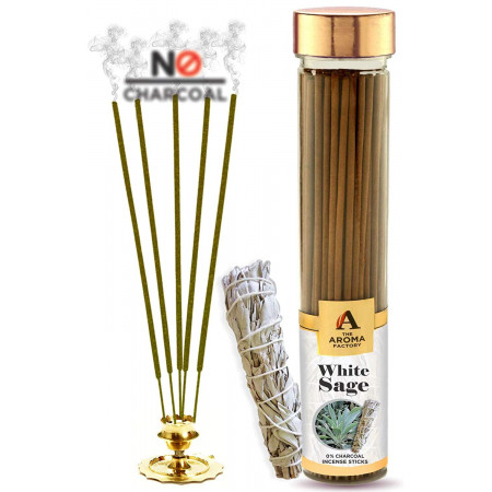 AromaA Factory White Sage Incense Sticks Smudge Sage Leave Agarbatti Herbal Smudging [No Charcoal, Low Smoke, 100% Natural] Fragrance for Aromatherapy, Energy Cleansing, Room Freshener, Meditation, Yoga, Pooja (Bottle Pack of 100)
