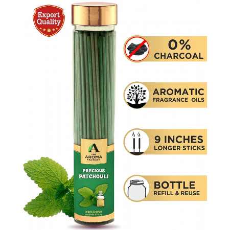 The Aroma Factory Precious Patchouli Incense Sticks (0% Charcoal) Agarbatti (No Charcoal, Low Smoke, 100% Herbal Agarbatti) Flora Fragrance Incense Stick Jar for Room Freshener & Dhoop Pooja (Bottle Pack of 100)