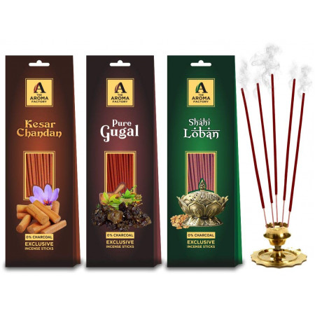 The Aroma Factory Pooja Agarbatti Combo Sandal Chandan, Pure Gugal & Shahi Loban Packet (0% Charcoal) Pack of 3 X 30 Sticks Each