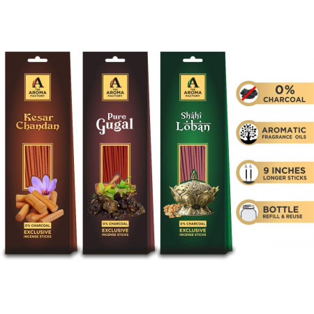 The Aroma Factory Pooja Agarbatti Combo Sandal Chandan, Pure Gugal & Shahi Loban Packet (0% Charcoal) Pack of 3 X 30 Sticks Each